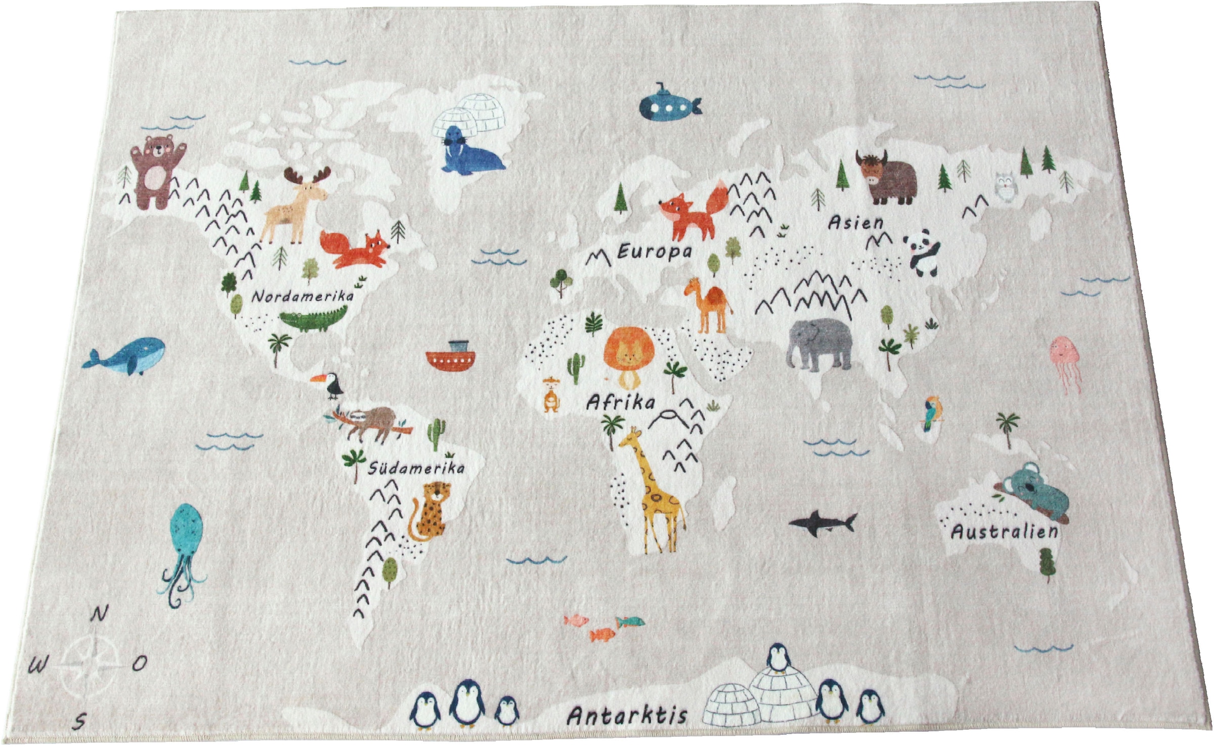 my home Kinderteppich »Weltkarte« rechteckig 9 mm Höhe Tiere, weich, modernes Design, Kinderzimmer, 2 Farbvarianten