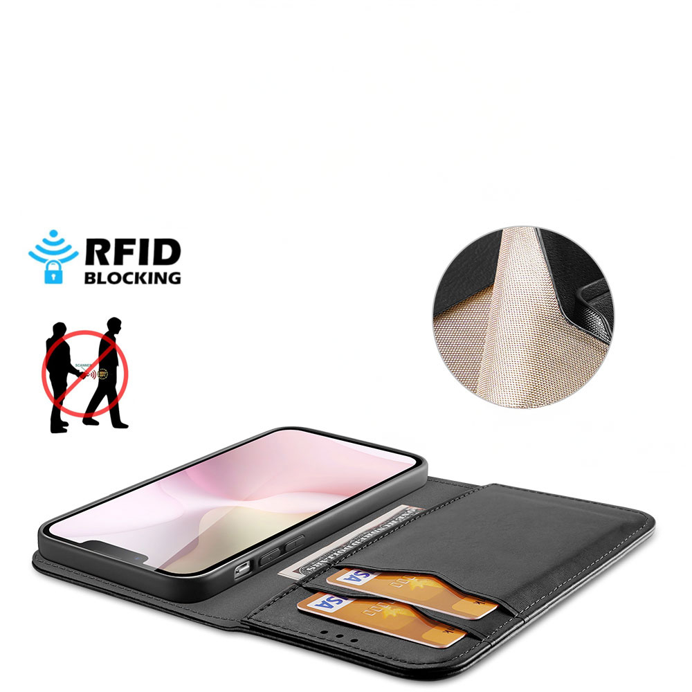 iPhone 16e Flip Wallet Cover Echtleder Tasche (RFID Schutz) - Schwarz