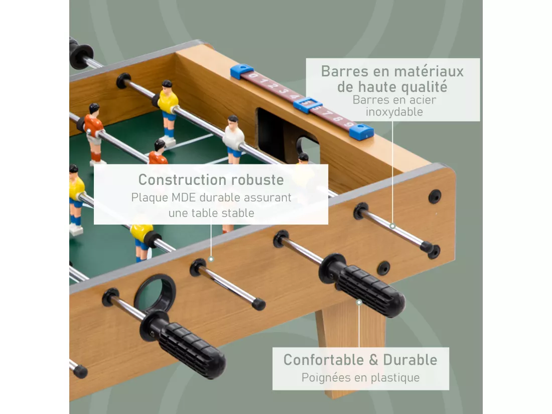 Table baby-foot enfant à partir de 6 ans 2 ballons 18 joueurs MDF vert aspect bois