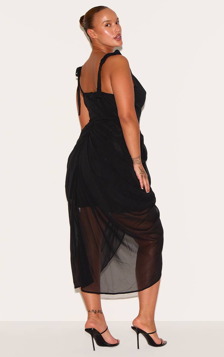 Noir Robe Midi Drapée Grande Taille Avec Détail À Armatures
