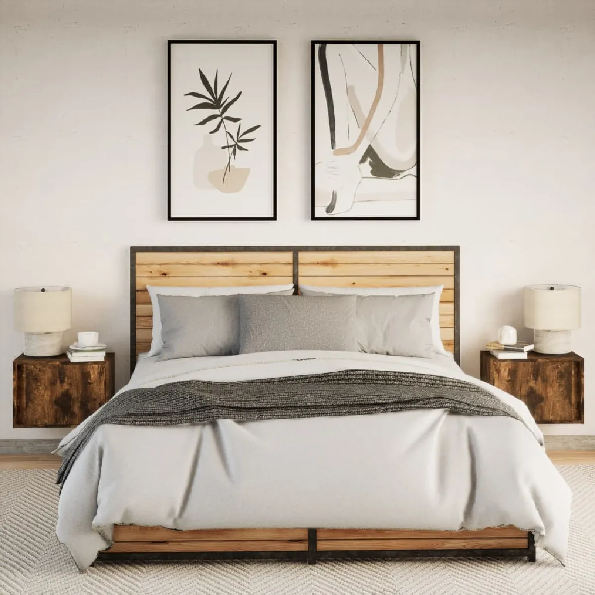 vidaXL Tables de chevet murales LED - Chêne fumé