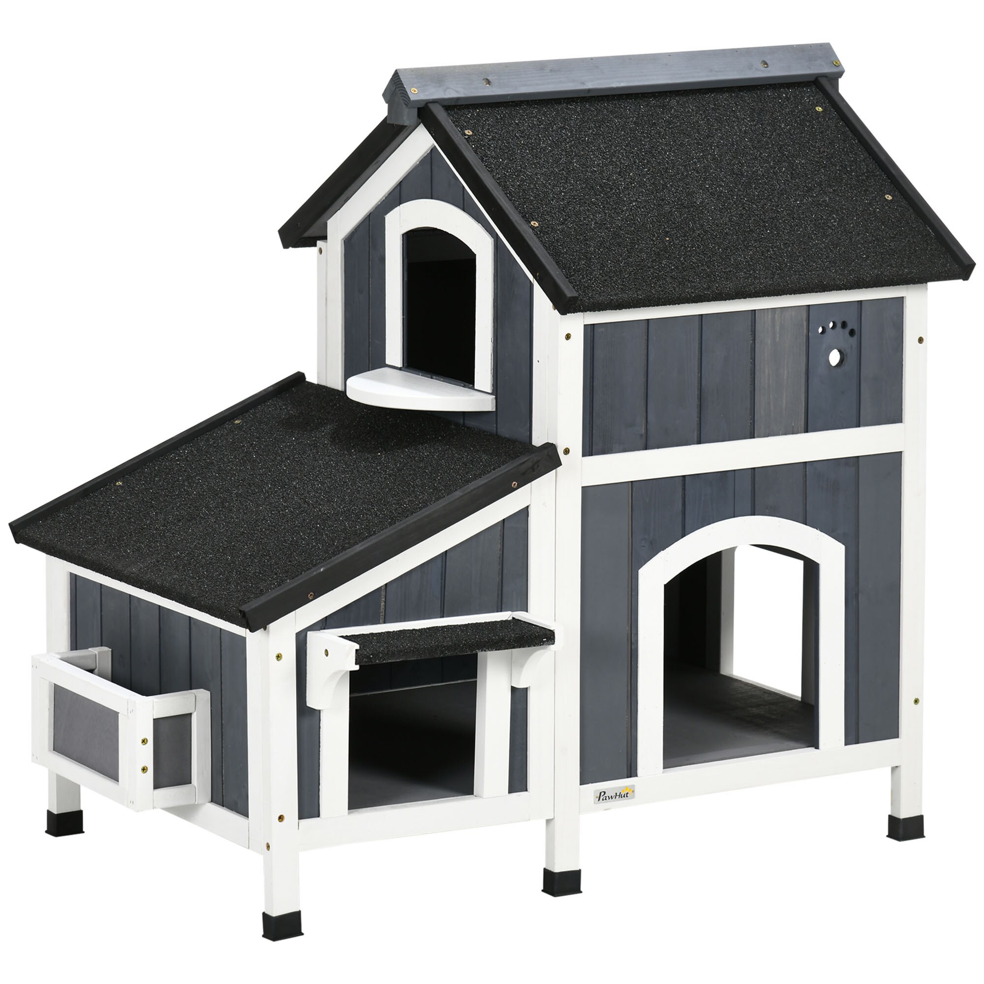 PawHut Katzenhaus mit Blumenkasten gelb 96L x 65B x 85,5H cm
