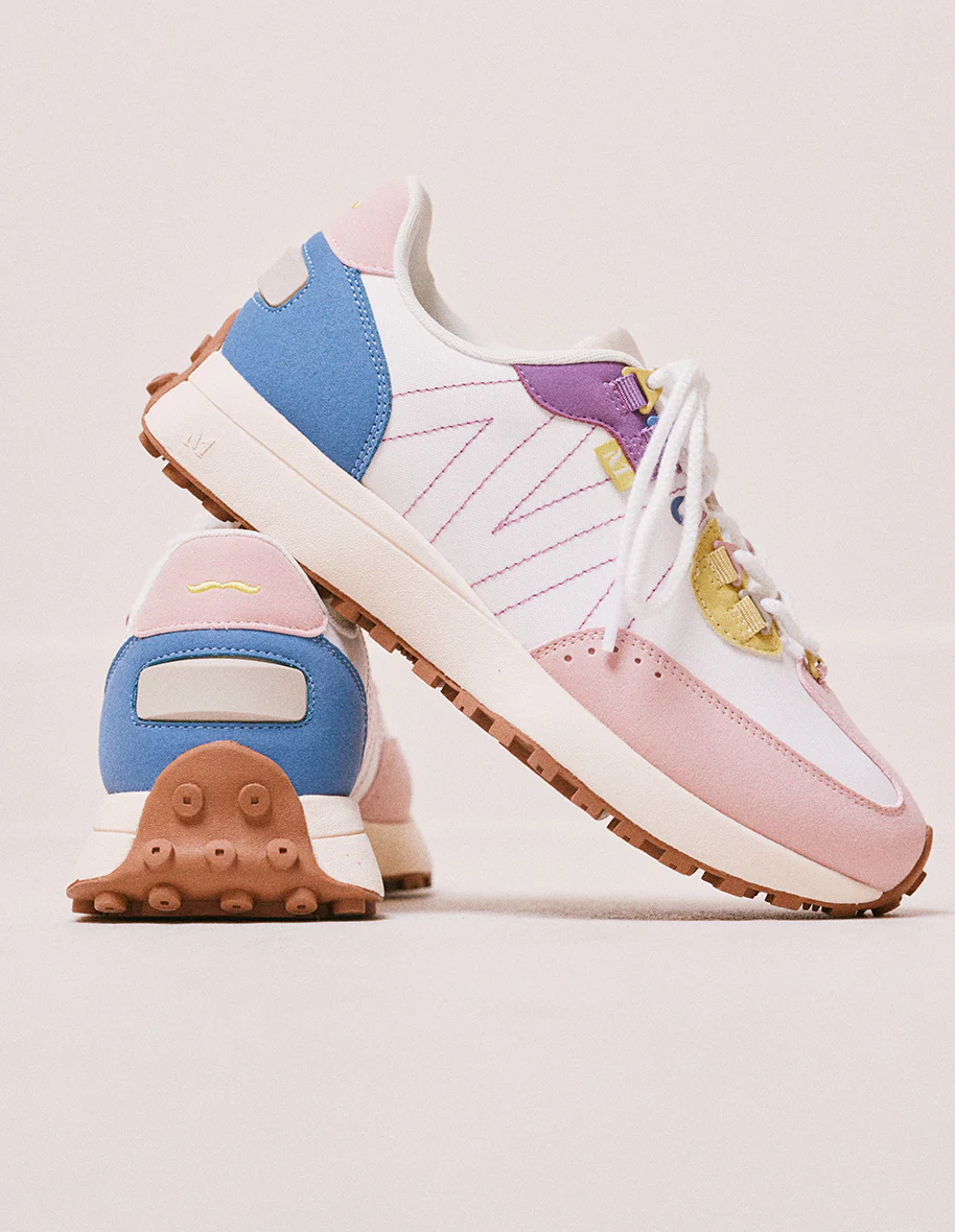 Baskets basses Morgane - Suède vegan et nylon rose clair, blanc et citron