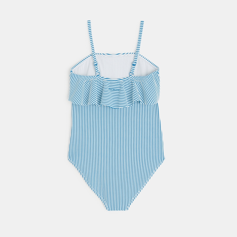 Maillot de bain 1 pièce rayé volanté bleu fille