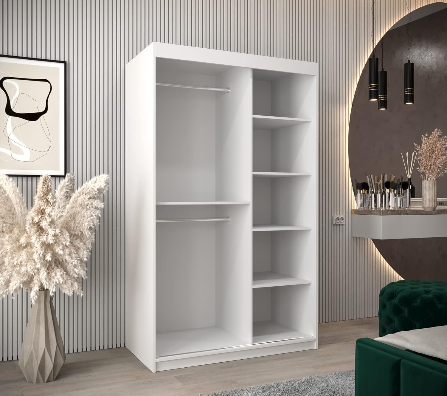 MEBLE KRYSPOL Verona 4 120 Schlafzimmerschrank Zwei Schiebetüren Kleiderschrank mit Spiegel Schiebetürenschrank Schrank mit Spiegel Kleiderstange und Regalen – 120x200x62cm - Mattweiß