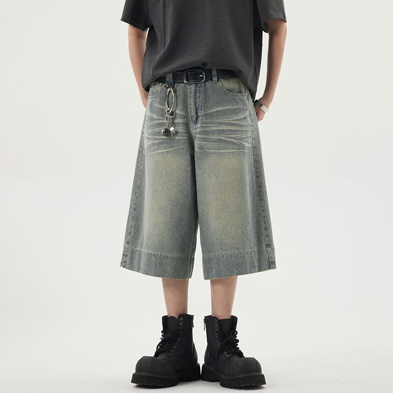 Cowpow - Mid Rise Washed Capri Wide Leg Jeans