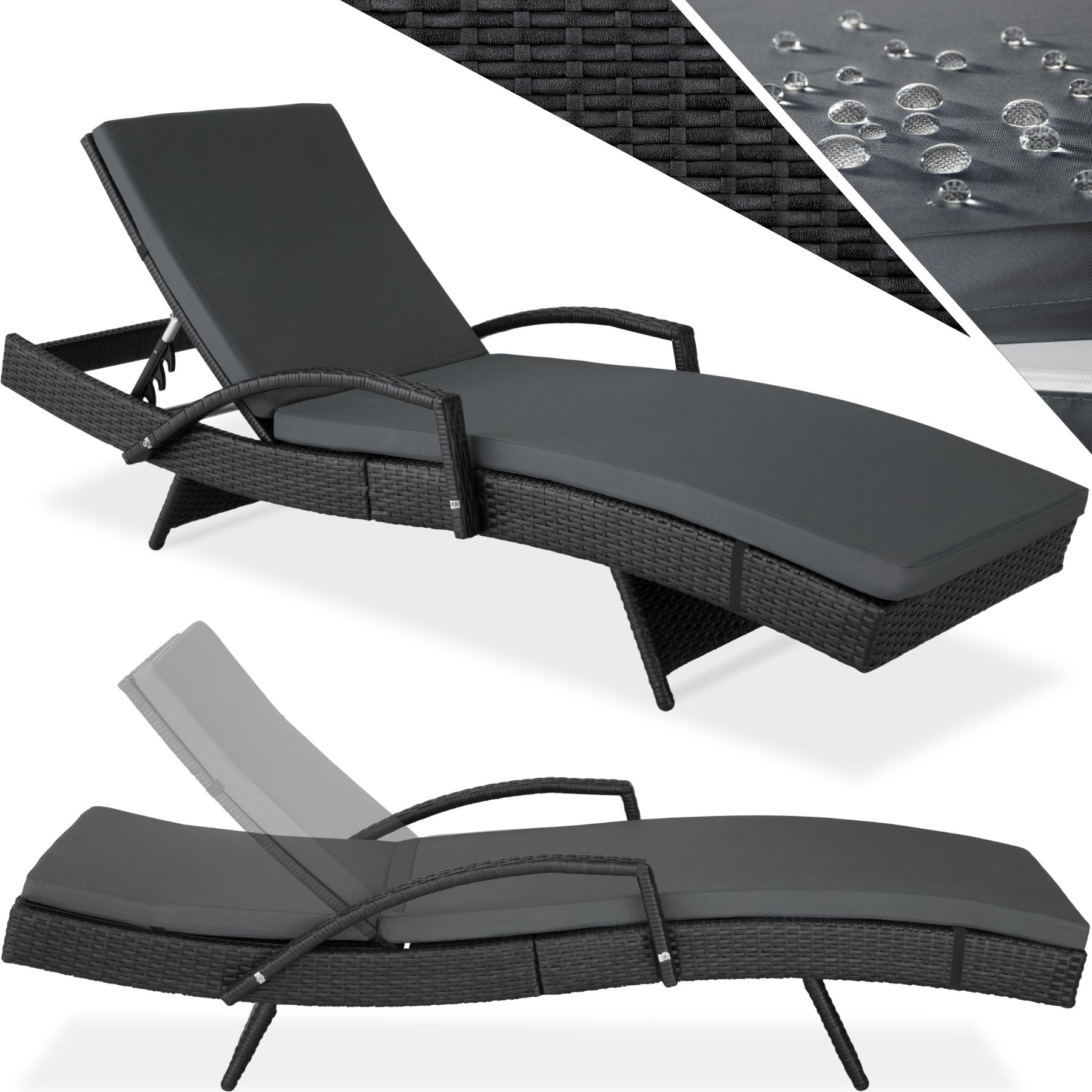 tectake® Rattan Sonnenliege, mit Aluminiumgestell, UV-beständig, 190 x 62 x 34 – 74,5 cm