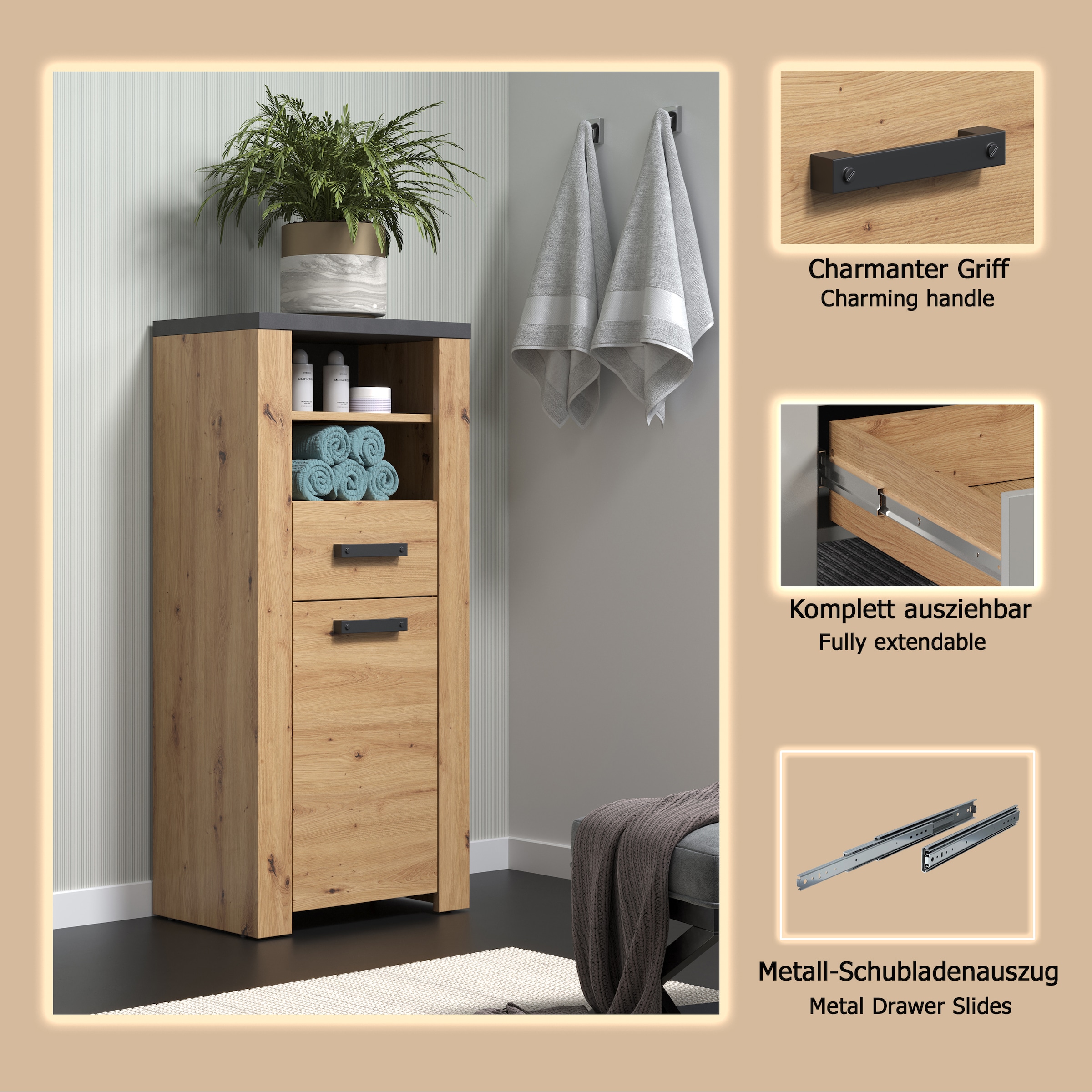welltime Midischrank »Ambres« 1 Stk. tlg. Badschrank in matter Echtholzoptik - Masse (B/T/H) 53/35/118 cm