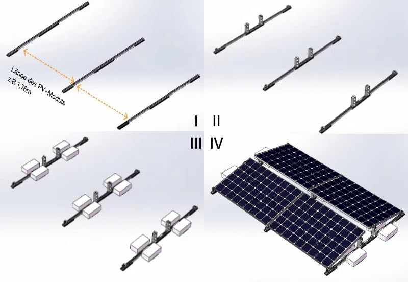 Montage-Set für Flachdach, 4 PV-Module, Ost-West und Süd-Ausrichtung, Aluminium Befestigungssystem mit Schienen und Klemmen 0% MwSt