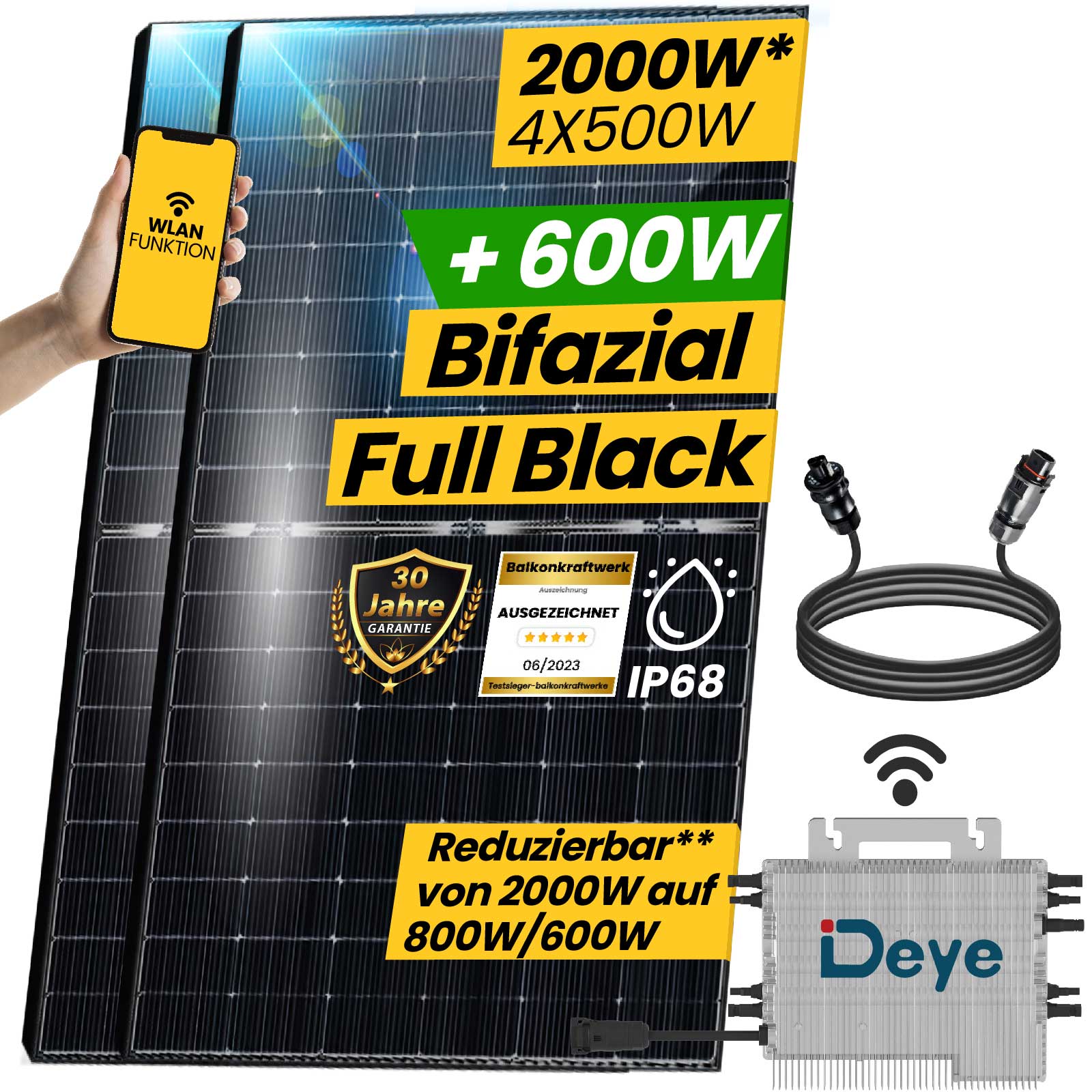 Epp Balkonkraftwerk Komplettset 2000W Bifazial | Deye Wechselrichter 2000W | Photovoltaik Solaranlage mit 5m Wielandstecker