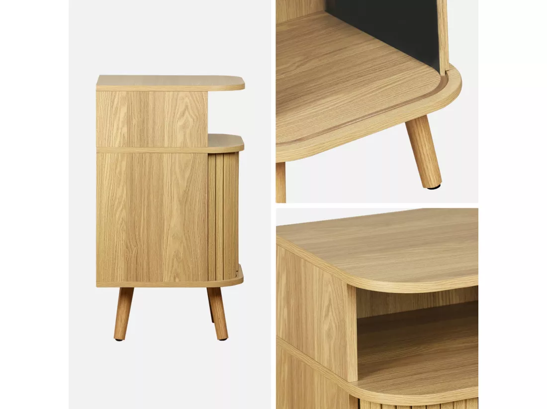 Lot de 2 tables de chevet 2 portes coulissantes + 1 niche effet bois rainuré. L 40 x P 40 x H 70cm