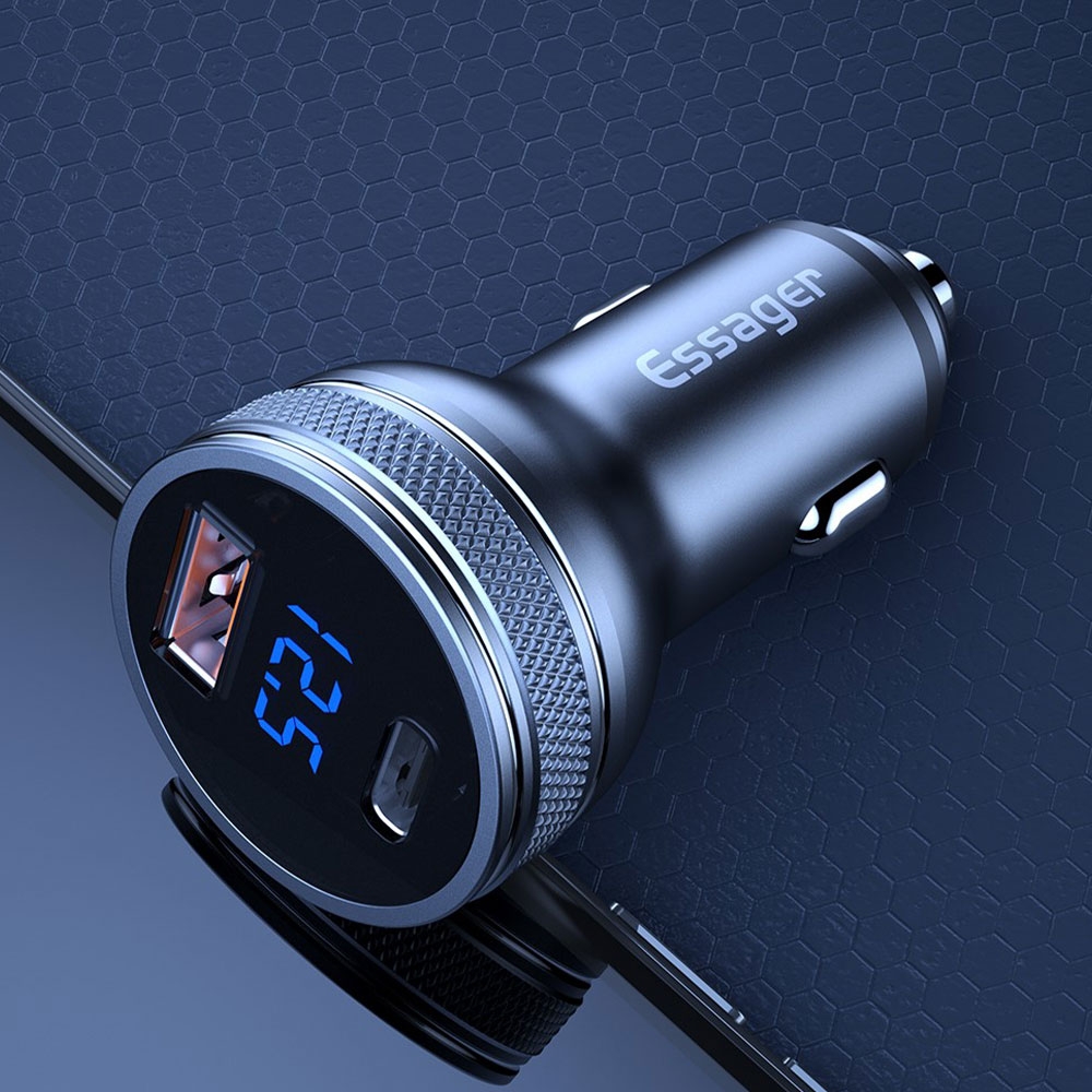 Aluminium (36W / 3A) PD 3.0  Universal USB C / USB A Auto KFZ Ladegerät mit Digital Display   Power Delivery 3.0   Quick Charge 3.0 - Grau