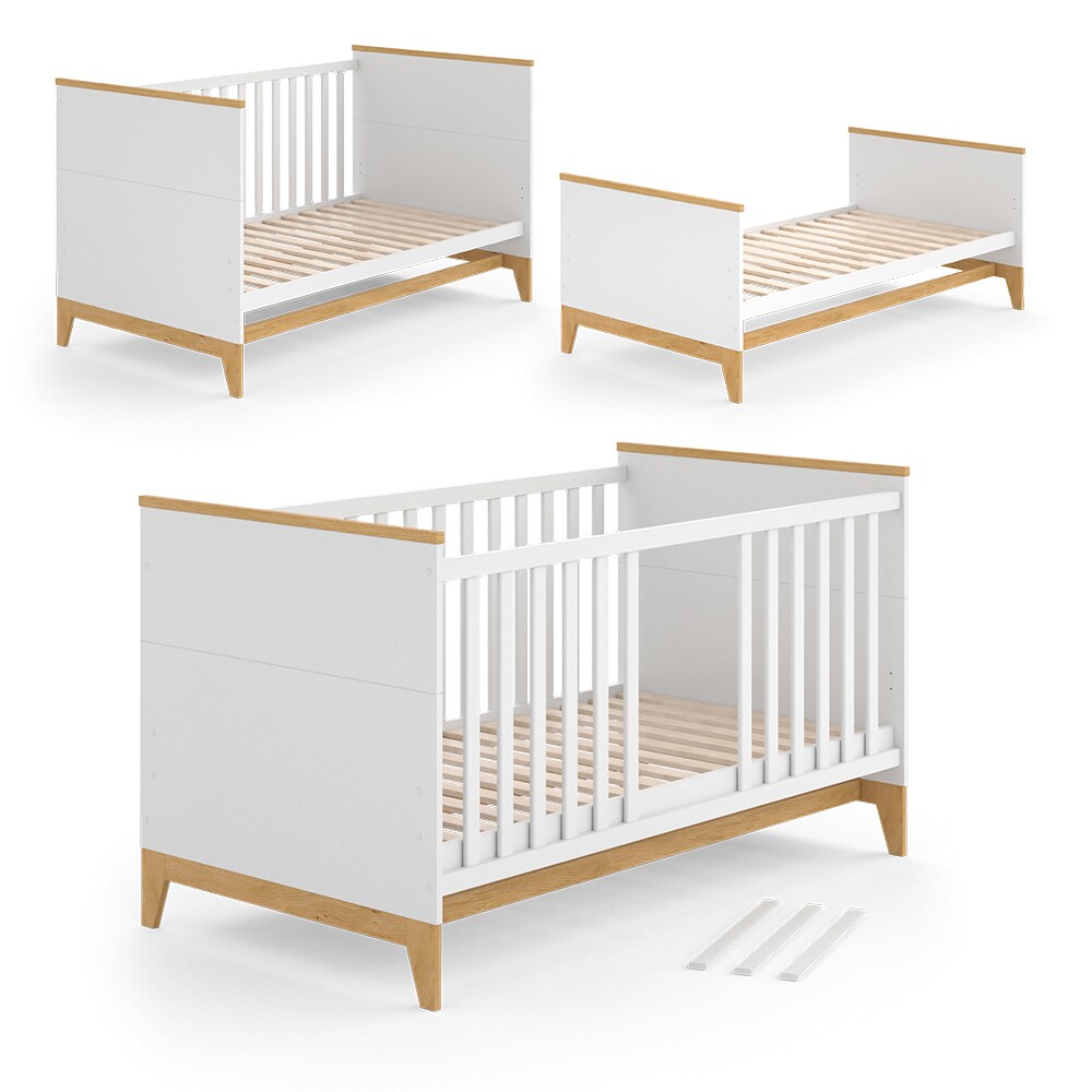 VitaliSpa Kinderbett Babybett Juniorbett Malia Weiß Eiche modern 70x140 cm Kinderzimmer Bett Babyzimmerbett Kindermöbel Babymöbel Schlupfsprossen Lattenrost Rausfallschutz Einzelbett