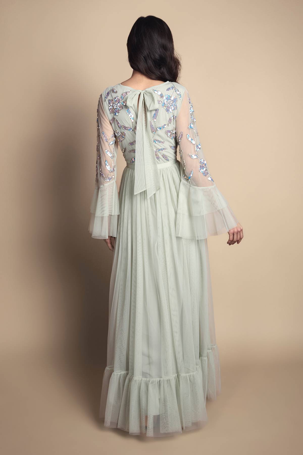 Coast Robe De Demoiselle D'honneur Longue En Tulle À Paillettes Avec Manches Longues Et Volants