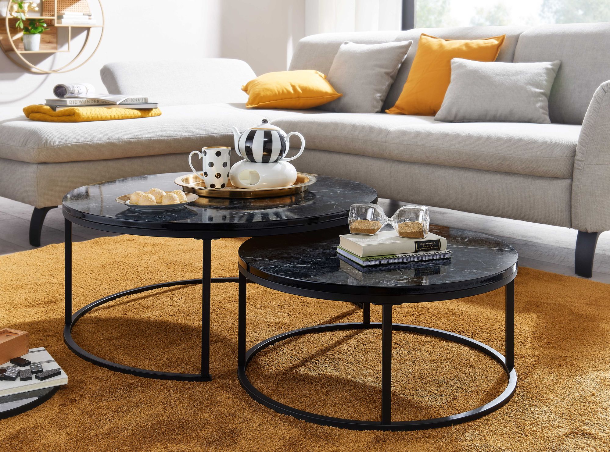 Couchtisch FineBuy Sofatisch 2er Set Schwarz Sofatisch Marmor Optik Tisch Rund