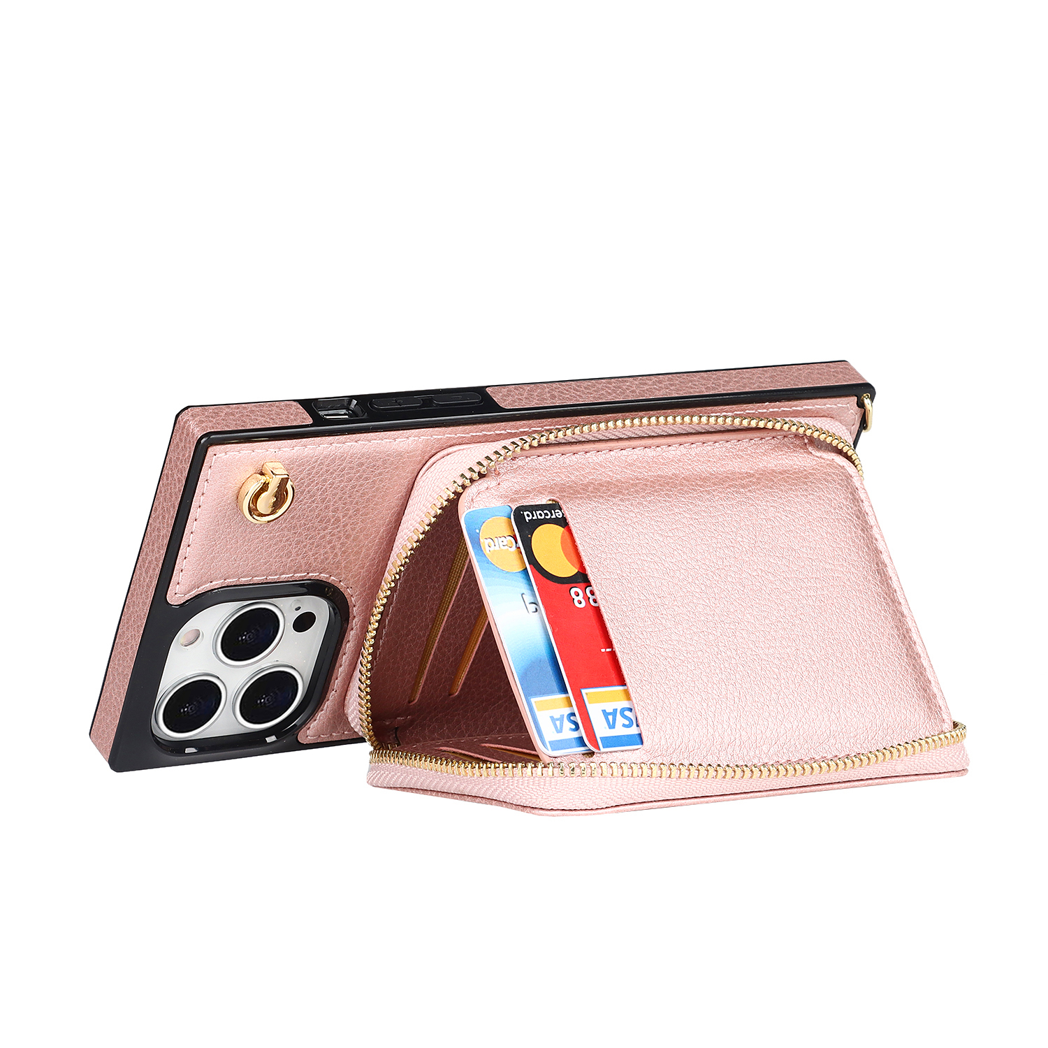 iPhone 13 Pro Necklace Leder Schutz Hülle mit Kartenfächer   Handykette (140cm) - Roségold