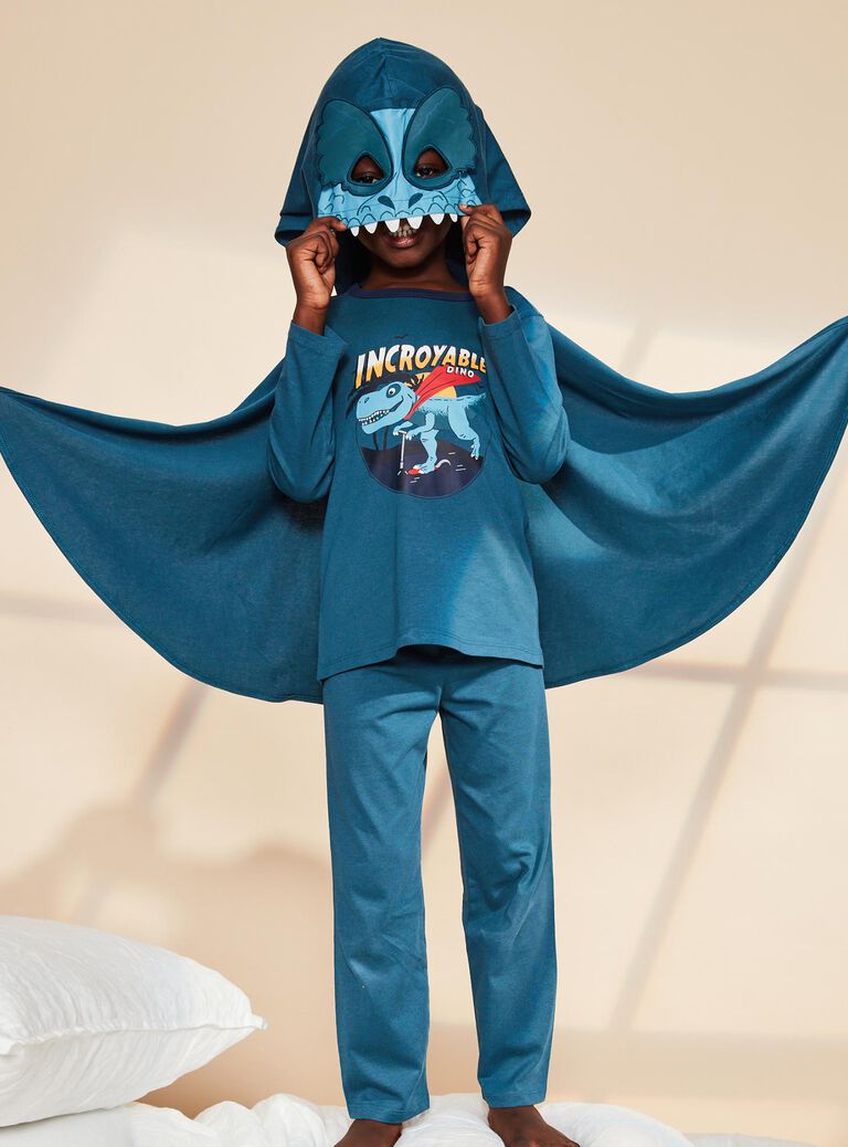 Pyjama deux pièces bleu canard en coton avec cape tête de dinosaure