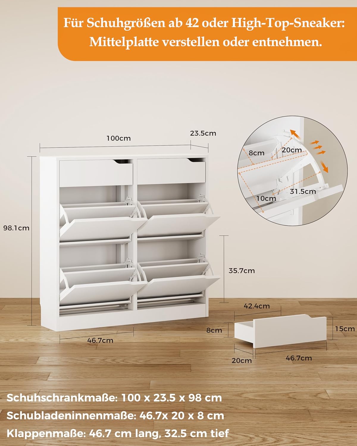 IRONCK Schuhschrank mit 4 Klappen, Schuhkipper Schmal mit 2 Schubladen, freistehendes Schuhregal, Schuhkommode mit verstellbaren Trennwände, Schuhablage Schrank für Flur Eingang und Wohnzimmer (Weiß)