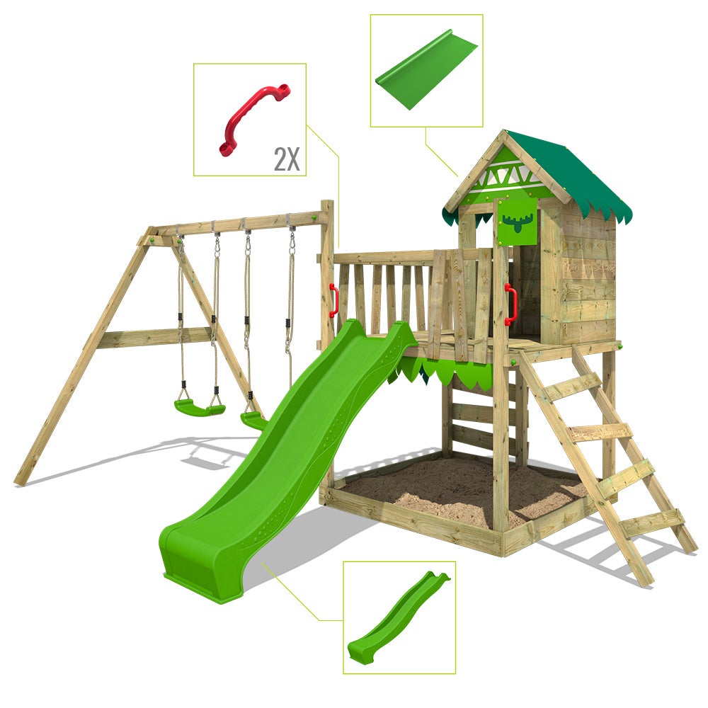 FATMOOSE JazzyJungle Speeltoren Klimrek met Schommel en Glijbaan, Speelhuis met Zandbak, Ladder en Speelaccessoires - Appelgroen