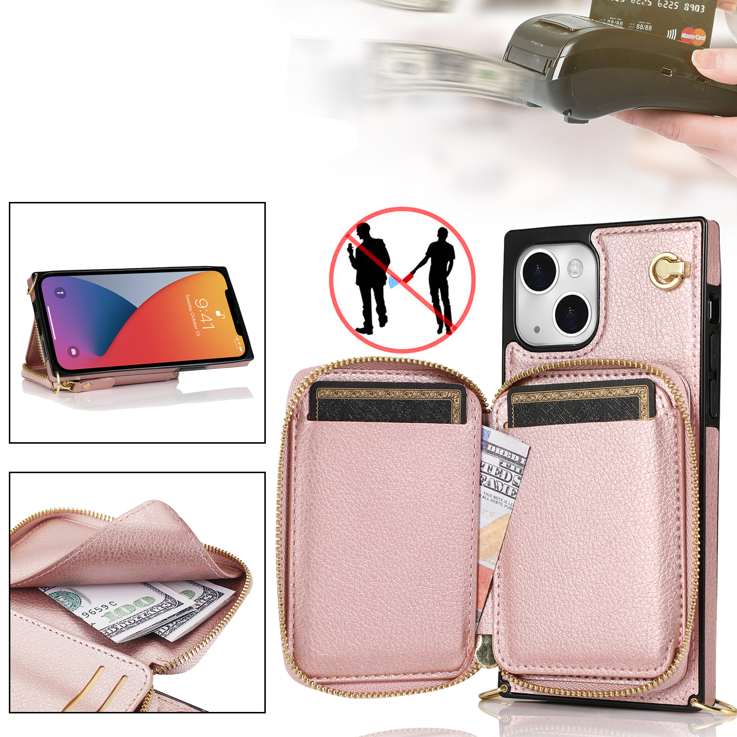 iPhone 13 Necklace Leder Schutz Hülle mit Kartenfächer   Handykette (140cm) - Roségold