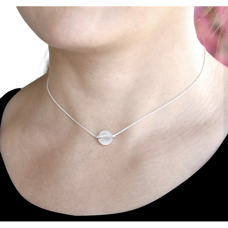 Collier ras du cou en argent 925 rhodié avec pierre naturelle 10mm - Cristal de Roche