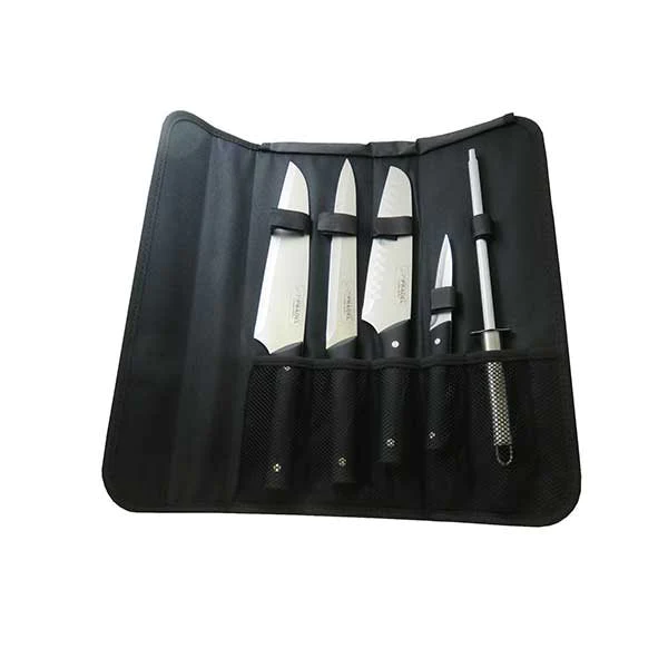 Sacoche 4 couteaux de cuisine et fusil à aiguiser manche noir Pradel J