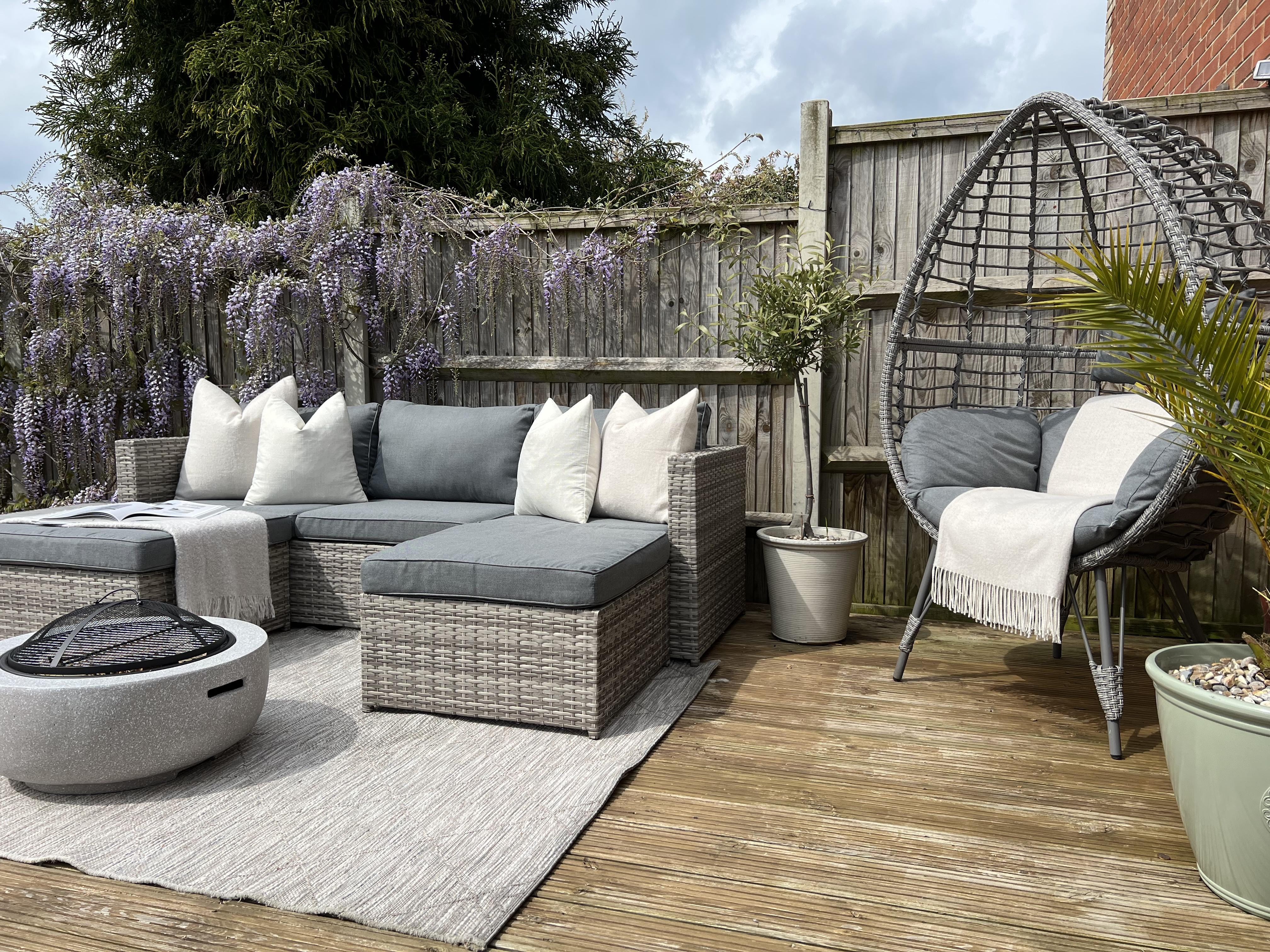 Tuin hoekloungeset met tafel 5-zits SABBIA rechtszijdig modulair PE rotan Lichtgrijs