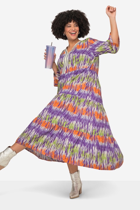 Maxikleid, Batikdruck, V-Ausschnitt, 3/4-Ärmel