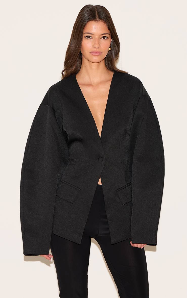 Noir Blazer À Taille Cintrée Manches Cocon Avec Poches
