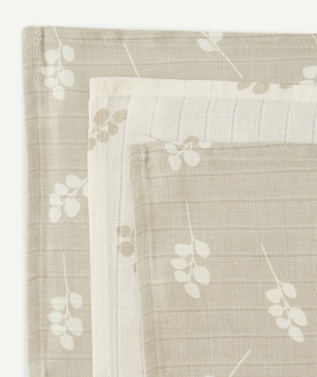 JOLLEINLOT DE 3 LANGES 70x70 CM EN GAZE DE COTON IMPRIMÉ VERT OLIVE