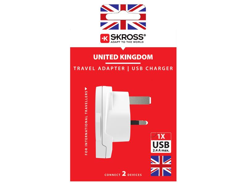 SKROSS Reiseadapter World UK mit USB Ladegerät Kompakter Reisestecker World zu Grossbritannien mit USB Ladeanschluss
