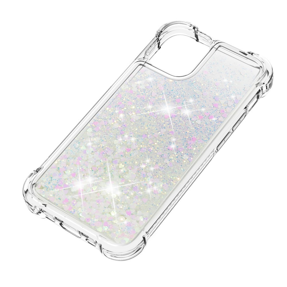 iPhone 13 Pro Hardcase Hülle mit Air Cushion Fallschutz Liquid Case Glitzer Herzen - Silber / Transparent