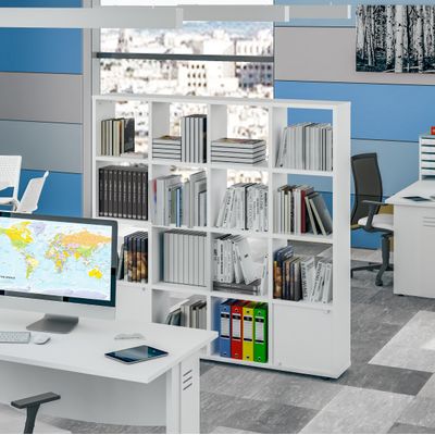 Bibliothèque CUBIC - L160 x H163 x P30 cm - 16 Cases - Blanc perle