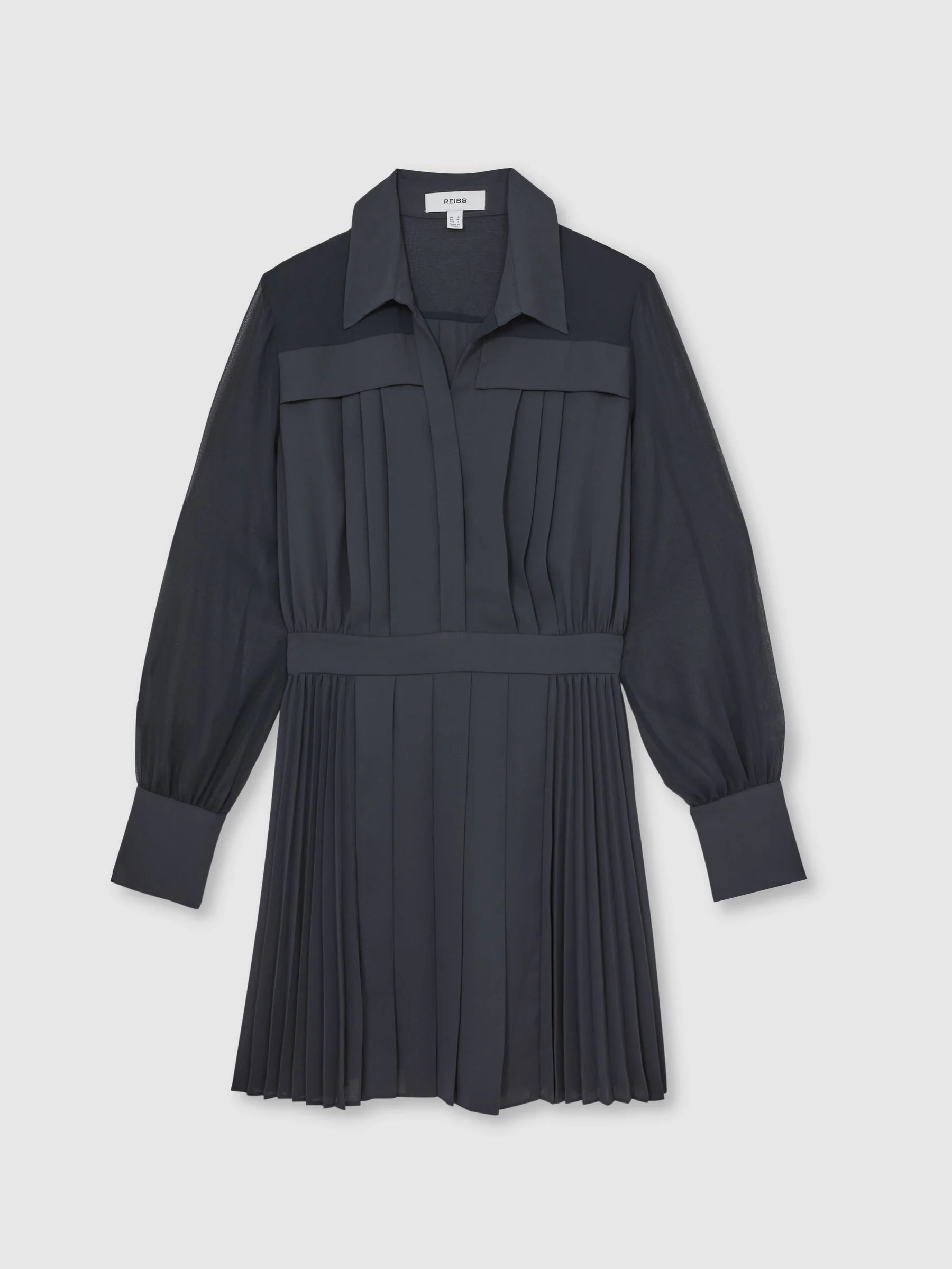 Marineblauw - Reiss Giselle geplooide mini-jurk met doorschijnende mouwen