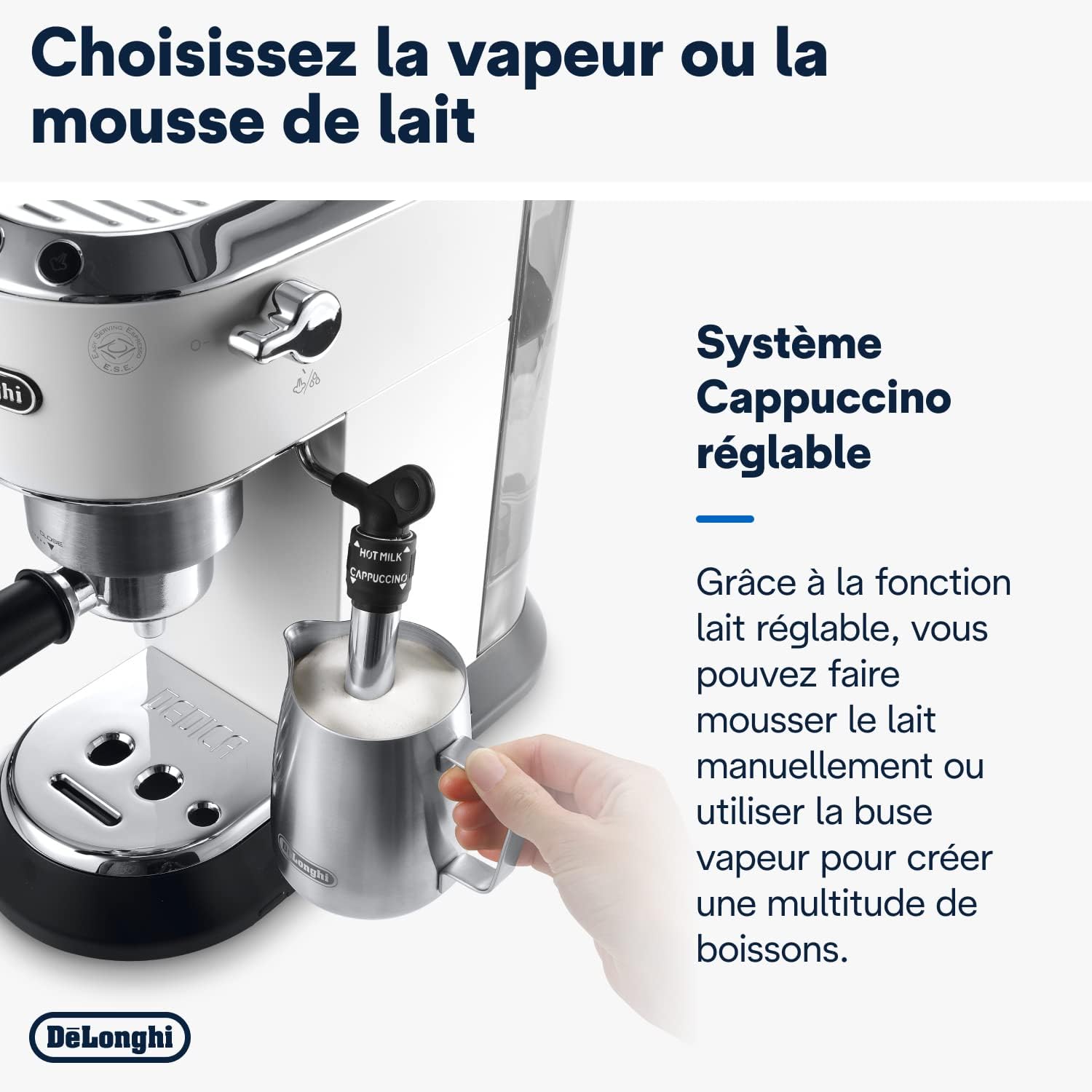 De'Longhi Dedica Style EC685.W, Machine à Café à Pompe en Acier Inoxydable Pour Café Moulu ou Dosettes, Machine à Espresso et Cappuccino, Réservoir de 1,3L, Système Anti-goutte, Blanc