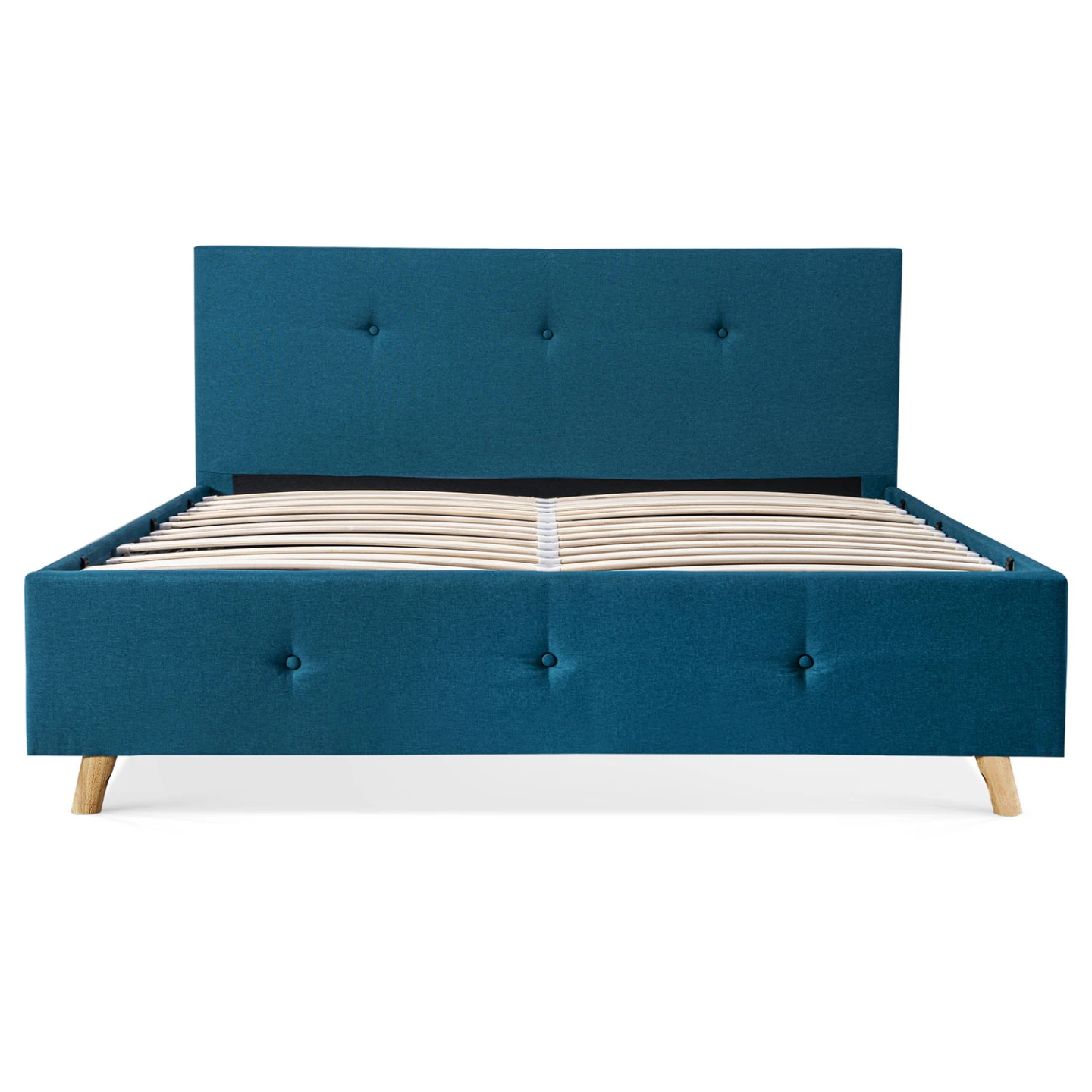 Lit coffre double scandinave LULEA avec tête de lit et sommier 140 x 190 cm tissu bleu canard