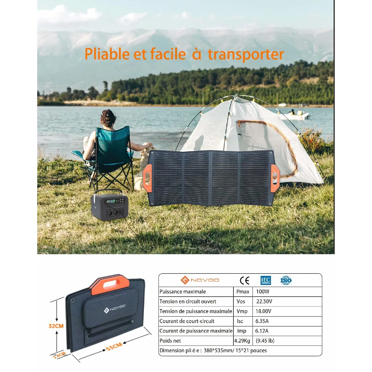 Novoo Panneau Solaire Portable 100W