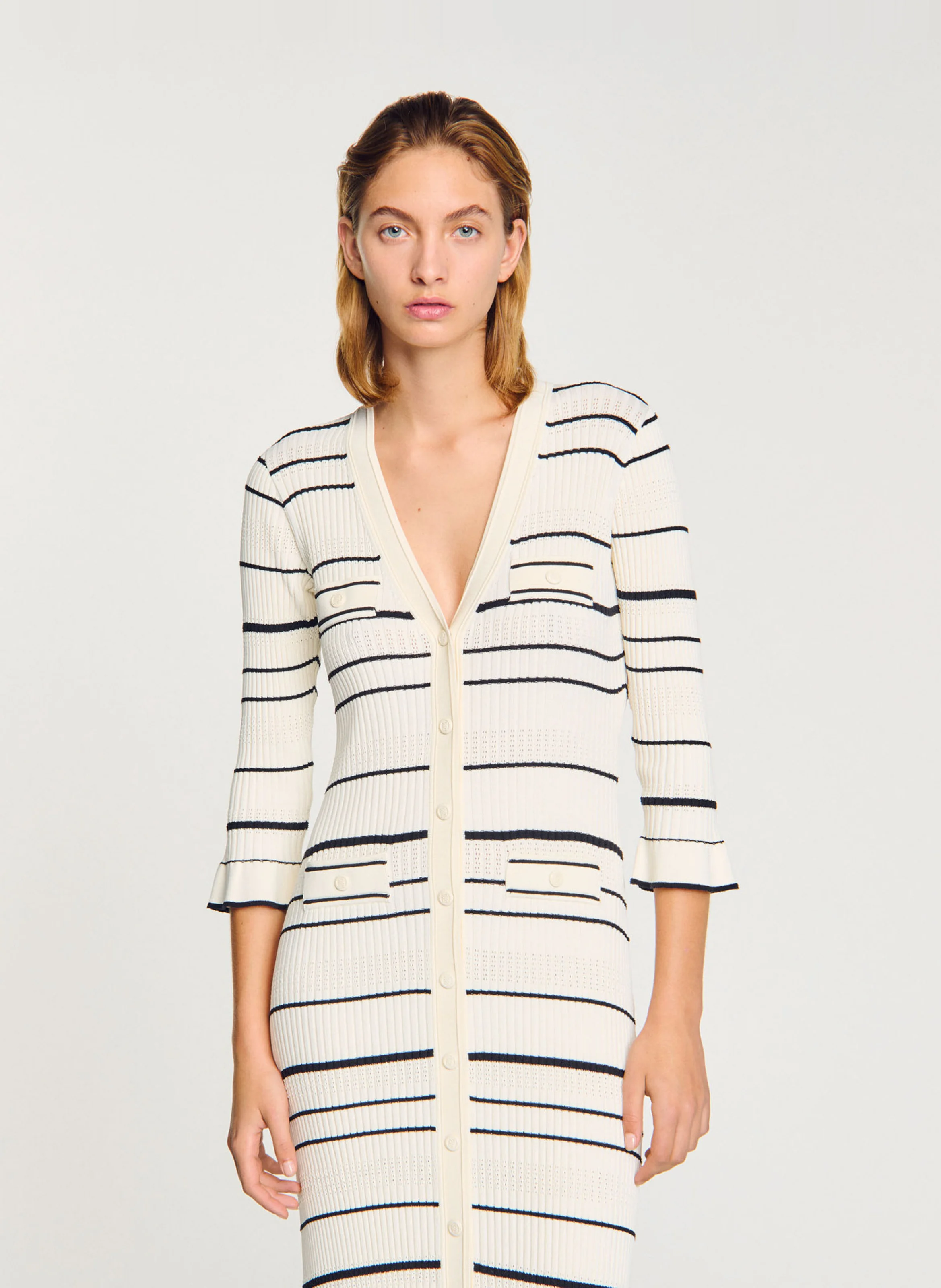 Robe longue en maille rayée | Blanc