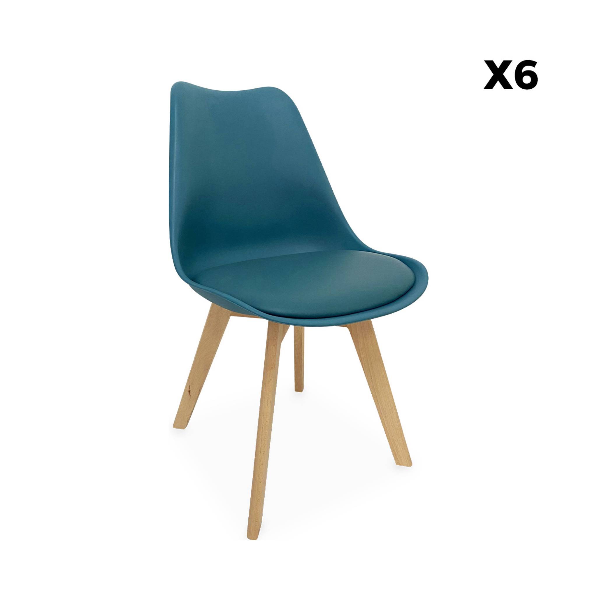 Lot de 6 chaises scandinaves. Pieds bois de hêtre. Chaises 1 place. Bleu canard