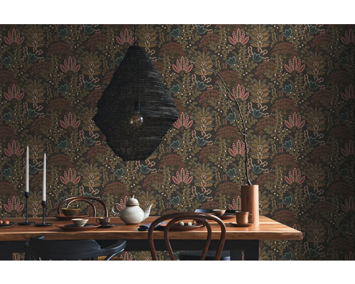 Vliesbehang 39349-5 Famous Garden bladeren zwart geel