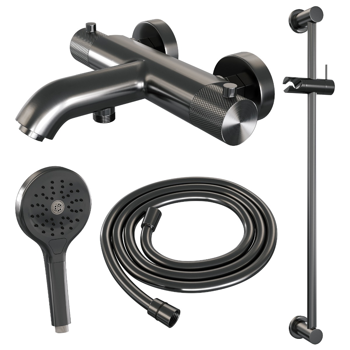 Brauer Gunmetal Carving thermostatische badkraan met glijstang en 3 standen handdouche gunmetal geborsteld PVD