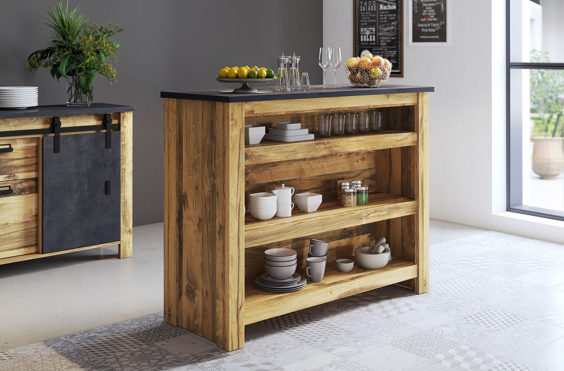 Home affaire Barschrank »York, moderne Küchentheke im Industrialdesign« mit Handtuchstange aus Metall, ausreichend Stauraum, 130 cm breit