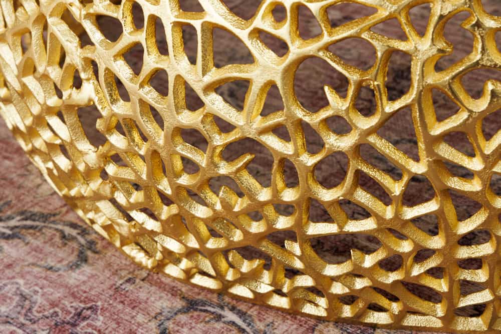 Runder Couchtisch ABSTRACT LEAF 75cm gold Metall massiv Akazienholz filigrane Handarbeit