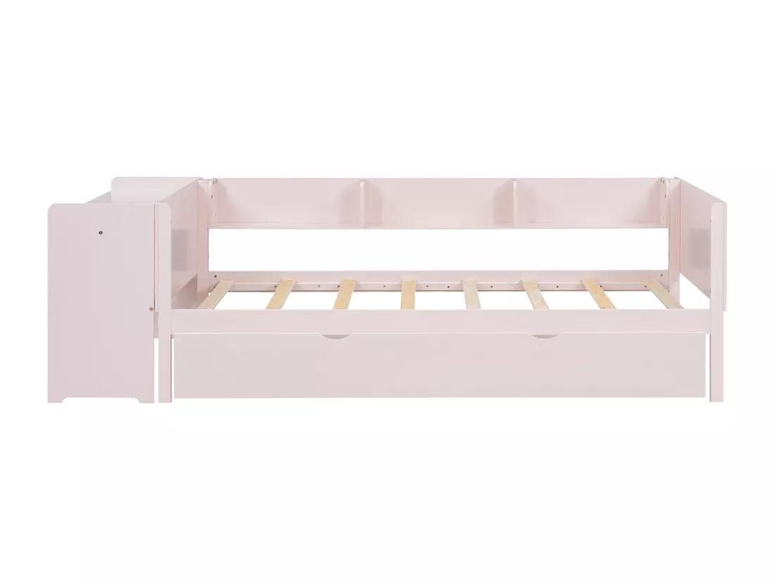 Lit gigogne 90 x 200 cm + 90 x 180 cm avec bureau et 3 étagères - bois massif de pin - sommier à lattes - rose