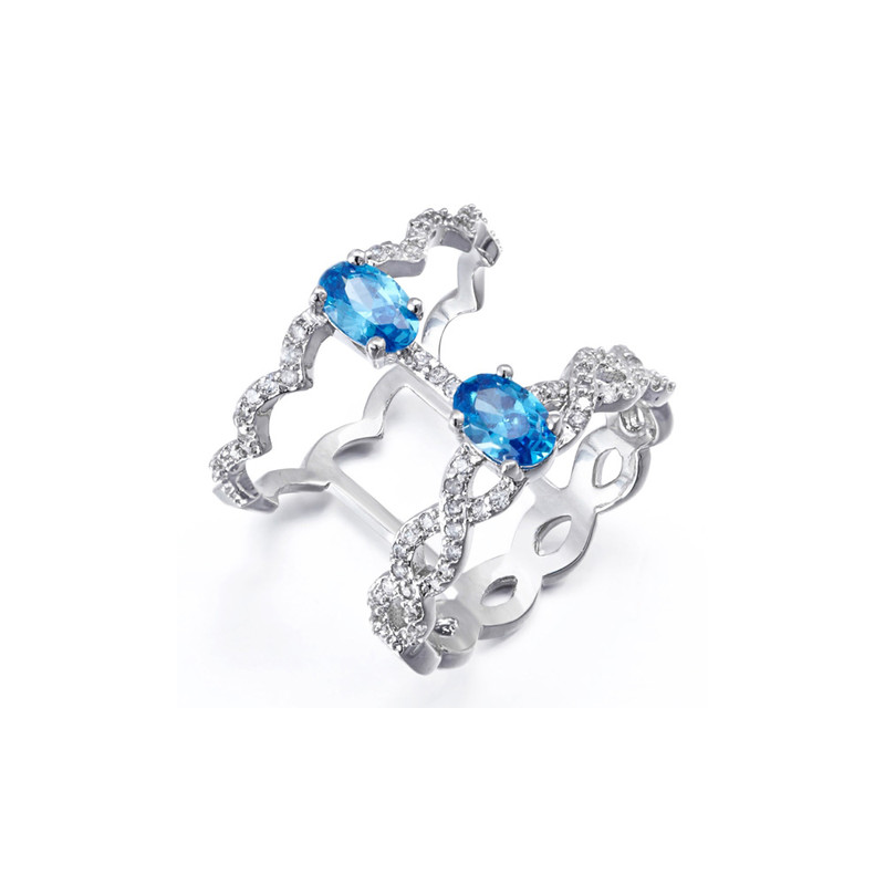 Bague orné de cristal de Swarovski Blanc et Bleu et Plaqué Rhodium