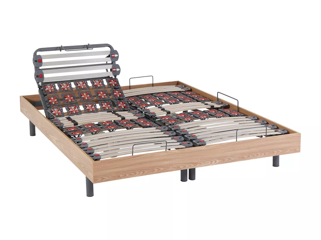 Lit électrique de relaxation lattes et plots + matelas mémoire de forme et bambou - 2 x 80 x 200 cm - Chêne - DAMYSOS de NATUREA