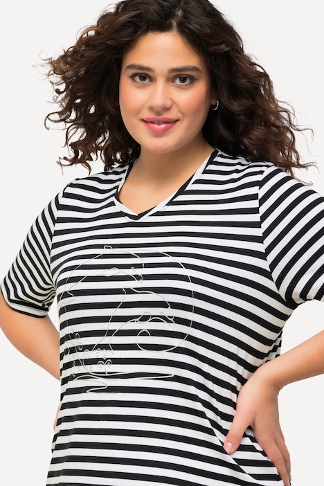 Shirt, Ringel, Metallic-Tier, V-Ausschnitt, Halbarm