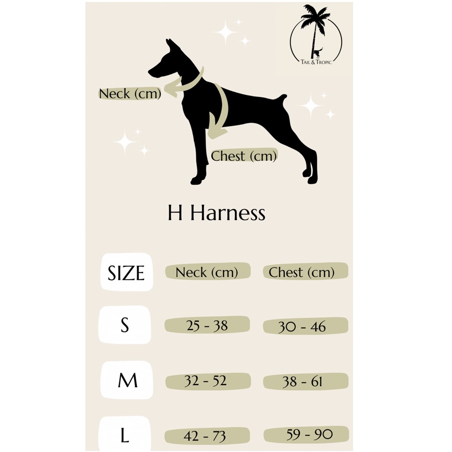 BLAZE - Coleira peitoral ajustável em formato de H para cães, com cauda e estampa tropical.