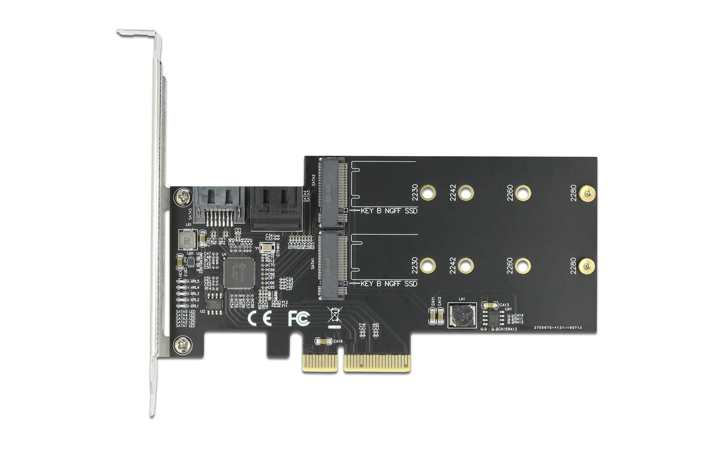 SATA-Controller PCI-Ex4 - 3xSATA3, 2xM.2 Key-BDelock 3 Port SATA und 2 Slot M.2 Key B PCI Express x4 Karte – Low Profile Formfaktor