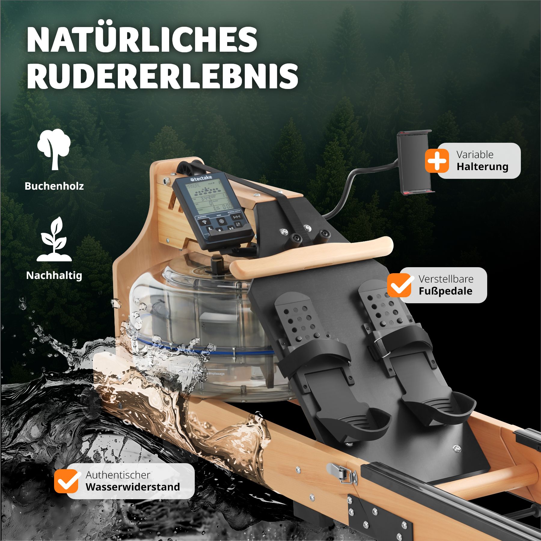 tectake® Holzrudergerät, aus massiver Buche, klappbar, Belastbarkeit 150 kg, inkl. Tablethalterung sowie Trainingscomputer mit Bluetooth und Brustgurt